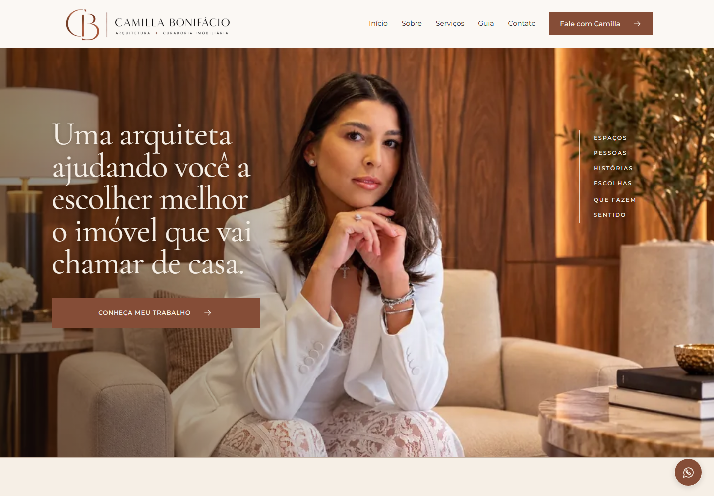 Captura do site de Camilla Bonifácio, com apresentação institucional para arquitetura e curadoria imobiliária