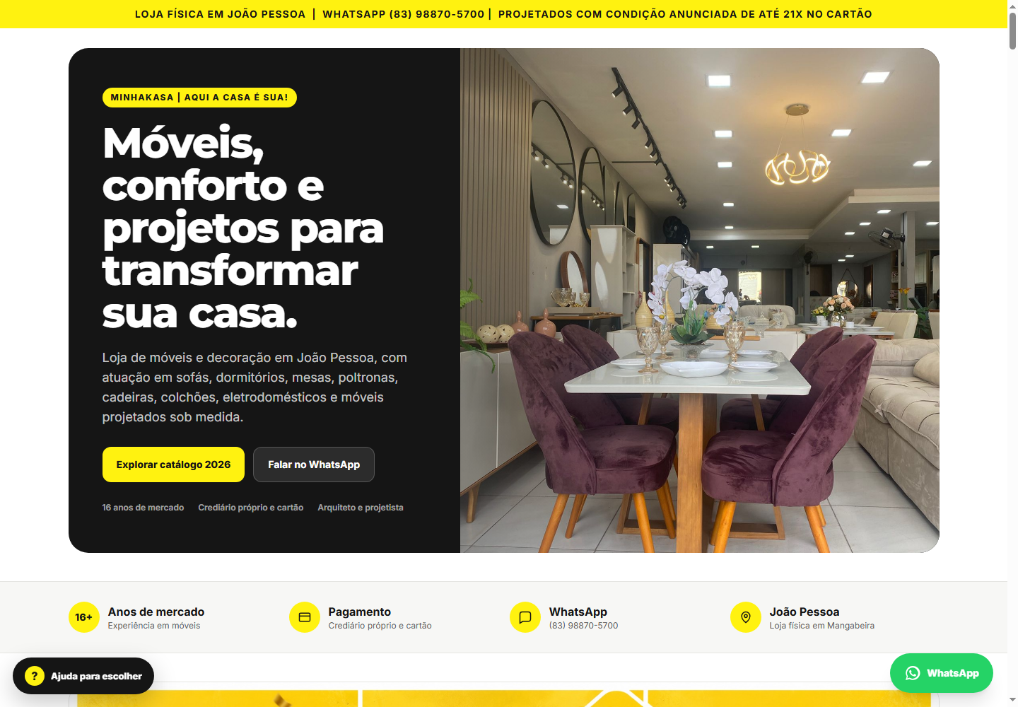 Captura da página inicial do site MinhaKasa, desenvolvido para apresentar móveis e facilitar o contato comercial